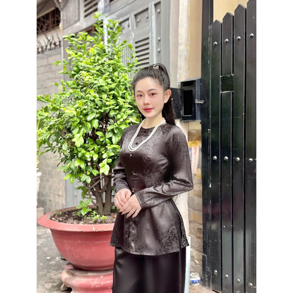 B.a195 - ÁO BÀ BA GẤM HOA MẪU ĐƠN DÂY KÉO CỔ TRÒN NÚT NỤ BỌC QUẦN LỤA