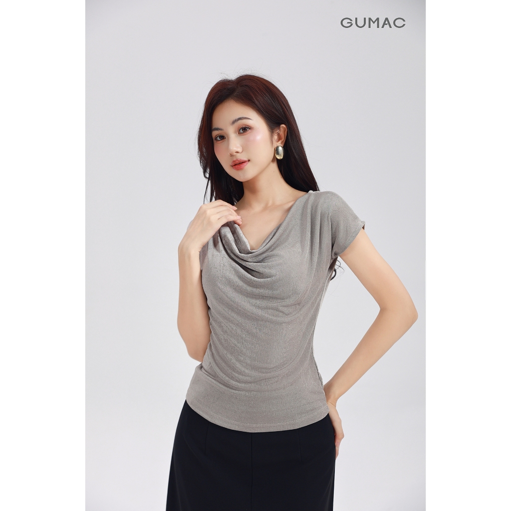 Áo Thun Cổ Đổ GUMAC Áo Thun Kiểu Sang Trọng Áo Đi Tiệc Vải Thun Ánh Nhung Co Giãn Tôn Dáng ATE01031
