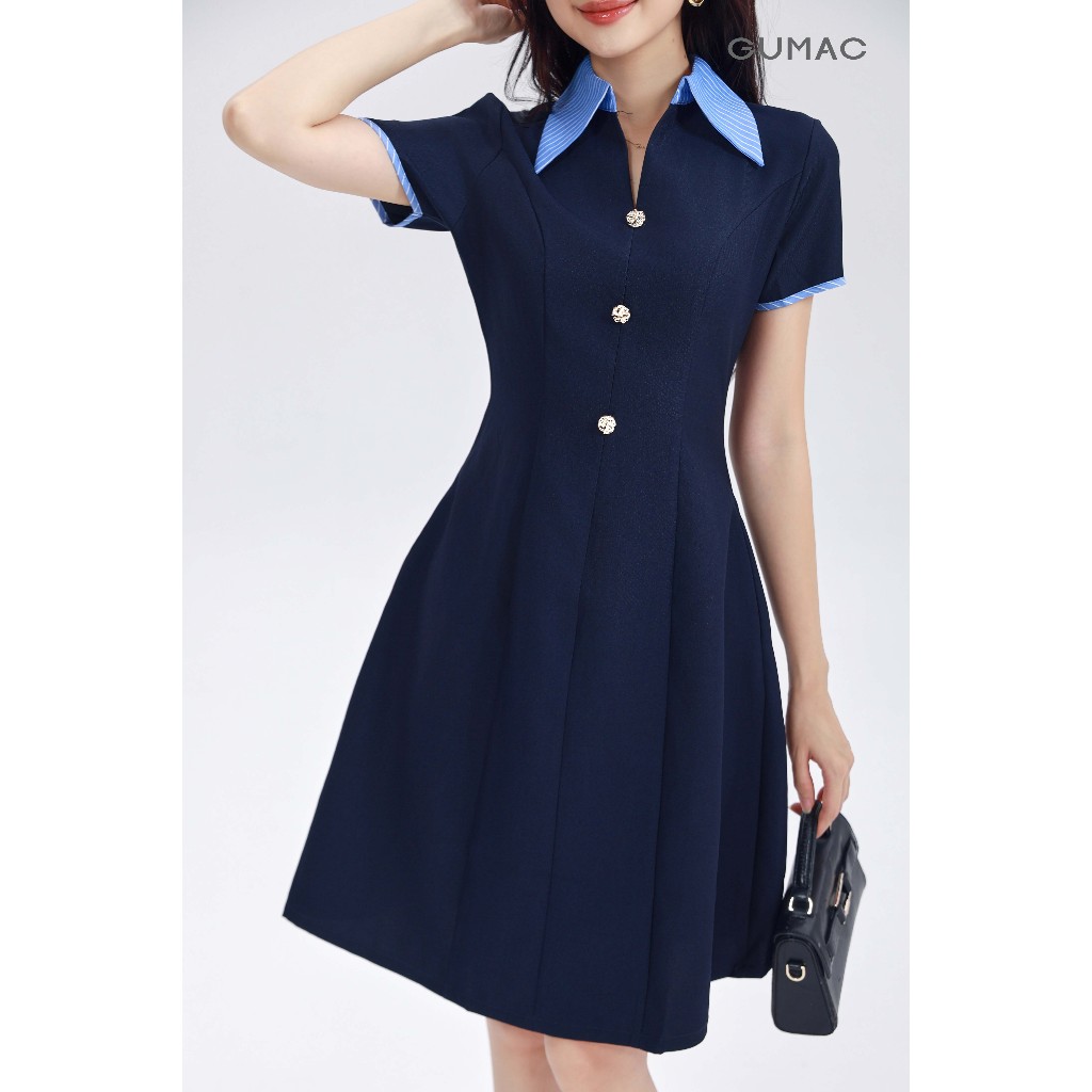 Đầm Nữ Form A Xòe GUMAC Dáng Ngắn Thiết Kế Cổ Sơ Mi Sọc Đính Nút Vàng Có Túi DF03005
