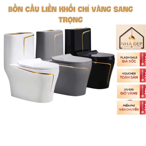 Bồn cầu trắng chỉ vàng, viền vàng , bồn nguyên khối đen chỉ vàng, bệt vân đá xả xoáy kết hợp xả đẩy siêu sạch
