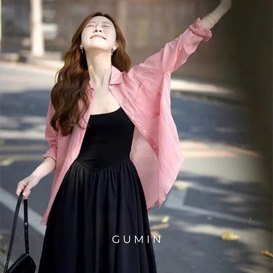 Set váy hai dây kèm sơ mi GUMIN thiết kế váy dáng dài xòe nhẹ kèm sơ mi hồng sang chảnh, Set đồ nữ đi biển thanh lịch