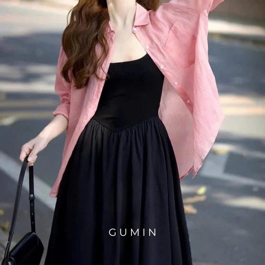 Set váy hai dây kèm sơ mi GUMIN thiết kế váy dáng dài xòe nhẹ kèm sơ mi hồng sang chảnh, Set đồ nữ đi biển thanh lịch