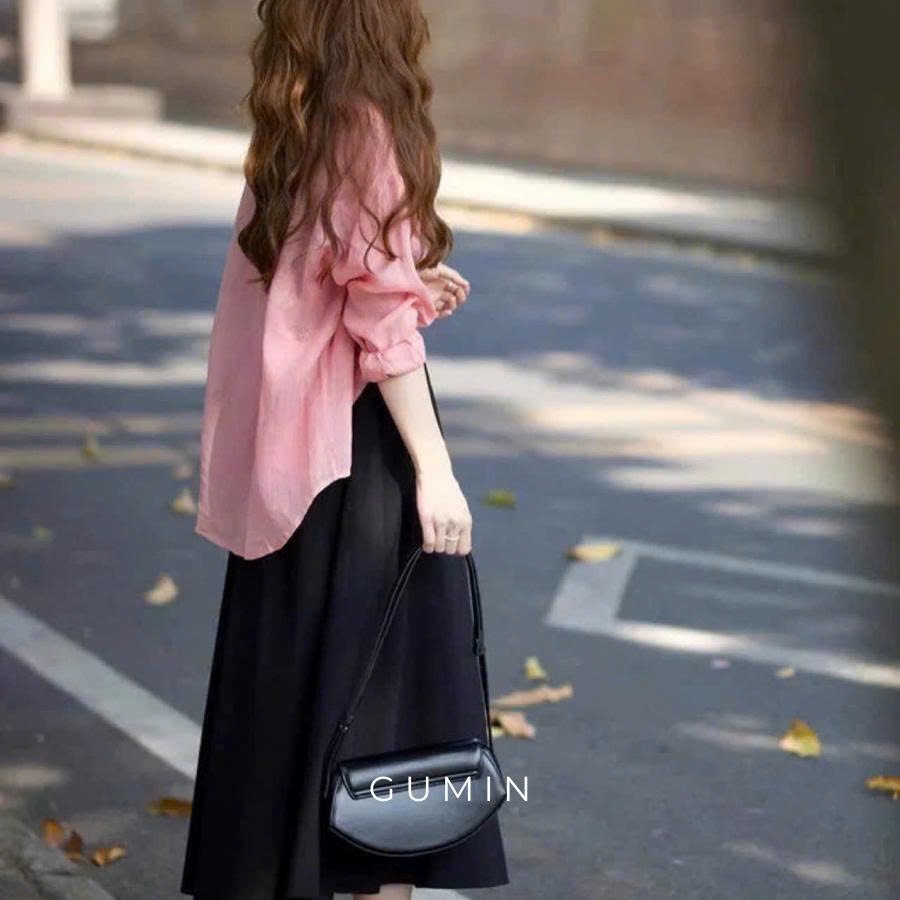 Set váy hai dây kèm sơ mi GUMIN thiết kế váy dáng dài xòe nhẹ kèm sơ mi hồng sang chảnh, Set đồ nữ đi biển thanh lịch