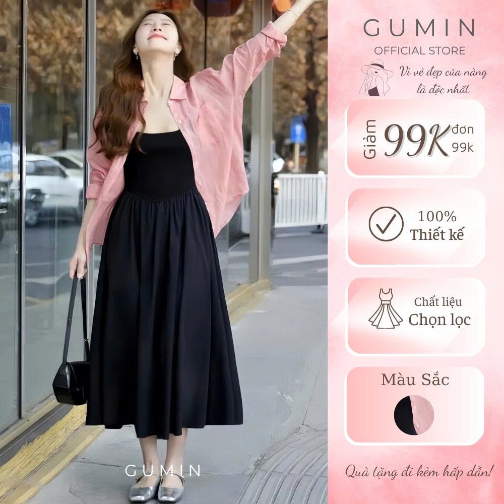 Set váy hai dây kèm sơ mi GUMIN thiết kế váy dáng dài xòe nhẹ kèm sơ mi hồng sang chảnh, Set đồ nữ đi biển thanh lịch