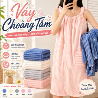 Váy choàng tắm nữ sợi Microfiber cao cấp, khăn tắm dạng váy siêu thấm hút, áo choàng tắm mềm mịn dày dặn