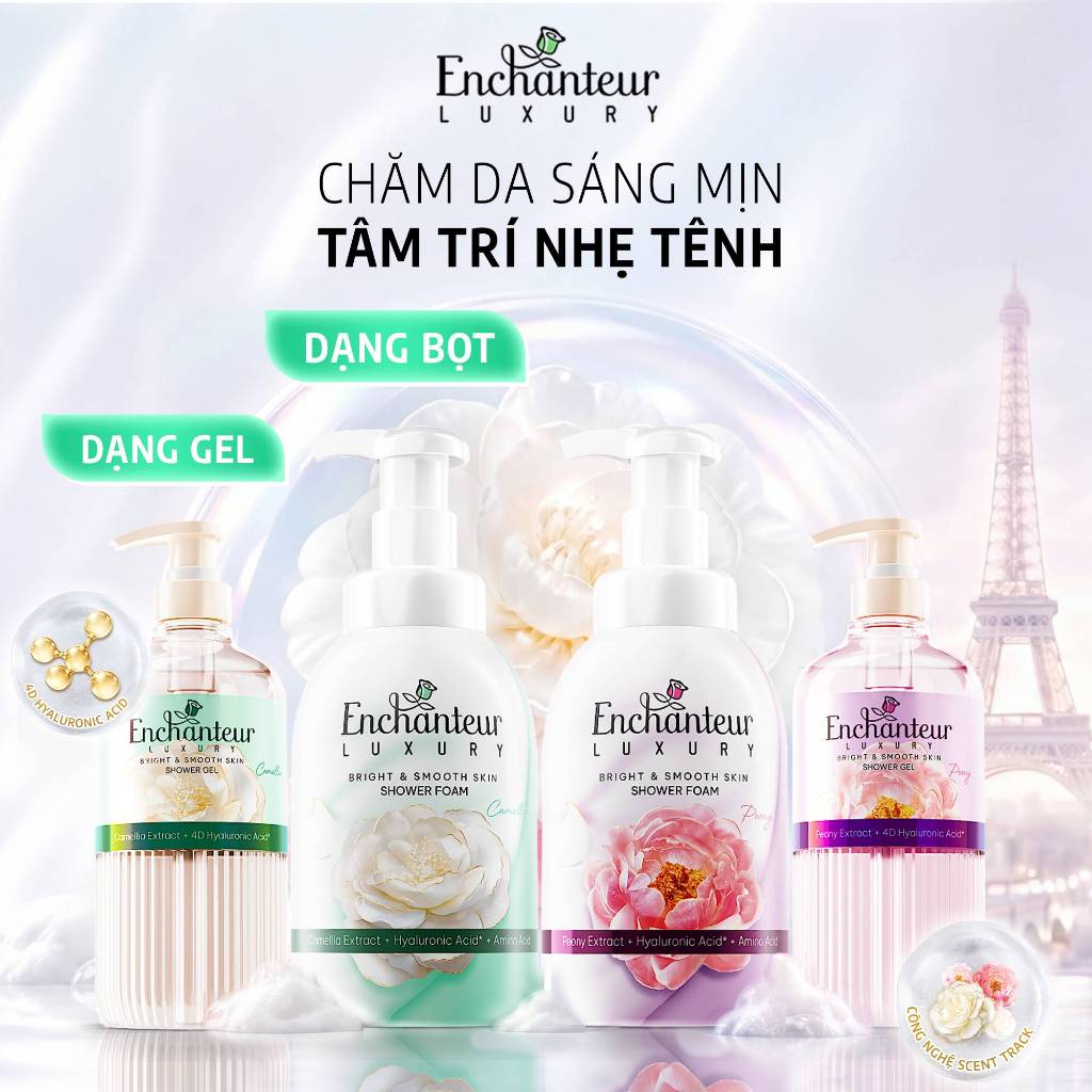 [VHL x Enchanteur] Sữa Tắm Cao Cấp Enchanteur Luxury Dưỡng Da Chiết Xuất Hoa Trà/ Hoa Mẫu Đơn + 4D Hyaluronic Acid 450ml