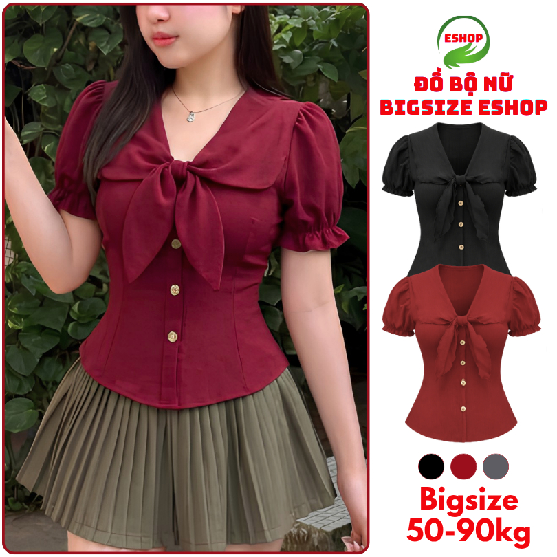 Áo Kiểu Nữ Bigsize Tay Phồng Phối Nơ ESHOP MS589 – Áo Cổ V Thun Tăm Co Giãn Form Ôm Tôn Dáng 45-85kg