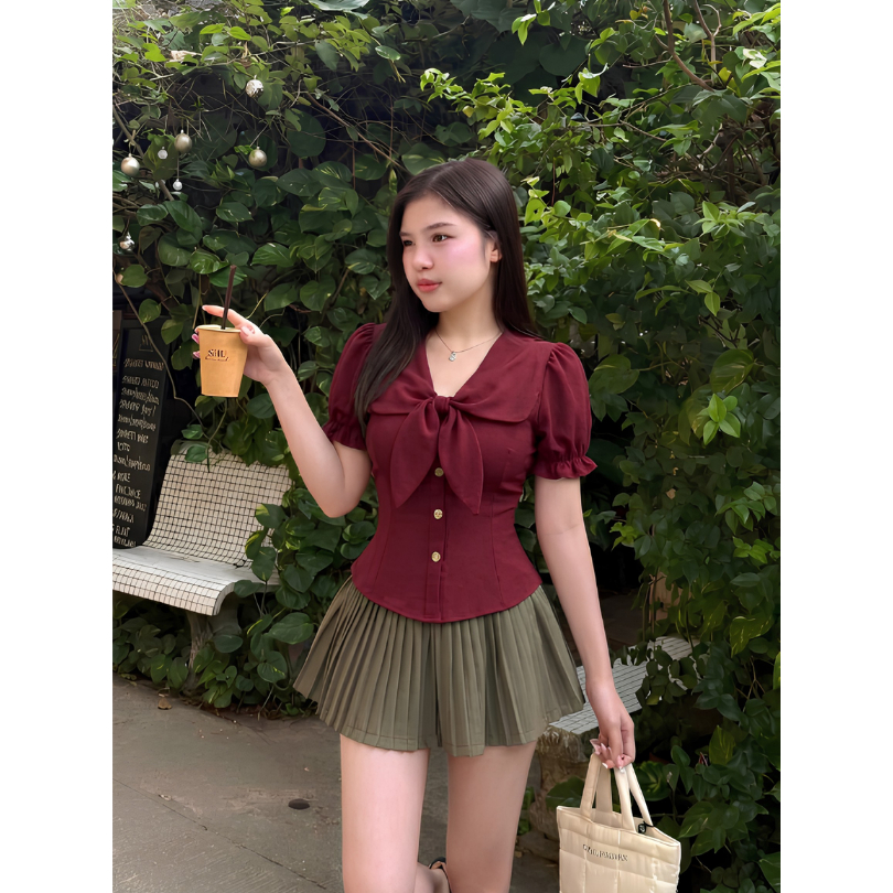Áo Kiểu Nữ Bigsize Tay Phồng Phối Nơ ESHOP MS589 – Áo Cổ V Thun Tăm Co Giãn Form Ôm Tôn Dáng 45-85kg