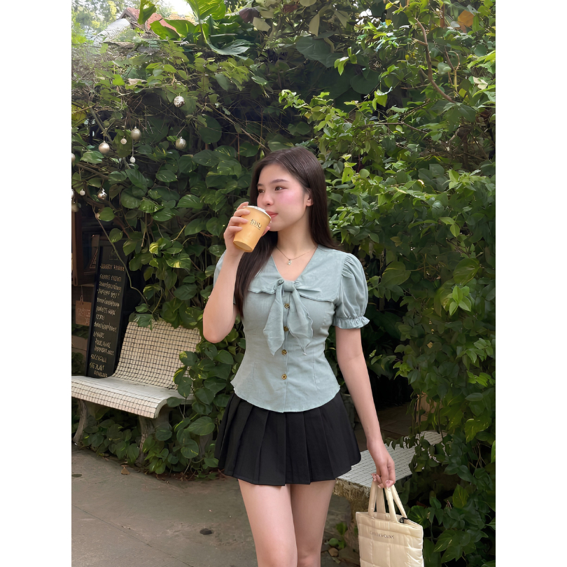 Áo Kiểu Nữ Bigsize Tay Phồng Phối Nơ ESHOP MS589 – Áo Cổ V Thun Tăm Co Giãn Form Ôm Tôn Dáng 45-85kg