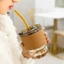 CỐC THỦY TINH GIỮ NHIỆT BỌC DA CAO CẤP - Ly Có Nắp Và Ống Hút Thủy Tinh Tiện Lợi,Thiết Kế Sang Chảnh Dùng Uống Cafe