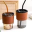 CỐC THỦY TINH GIỮ NHIỆT BỌC DA CAO CẤP - Ly Có Nắp Và Ống Hút Thủy Tinh Tiện Lợi,Thiết Kế Sang Chảnh Dùng Uống Cafe