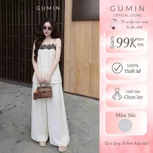 Set hai dây viền ren GUMIN thiết kế áo 2 dây phối viền ren kèm quần suông dài sang chảnh thanh lịch
