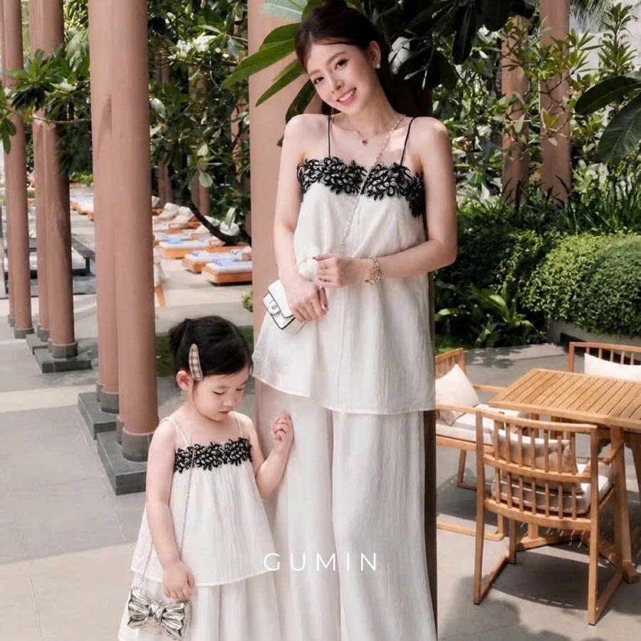 Set hai dây viền ren GUMIN thiết kế áo 2 dây phối viền ren kèm quần suông dài sang chảnh thanh lịch
