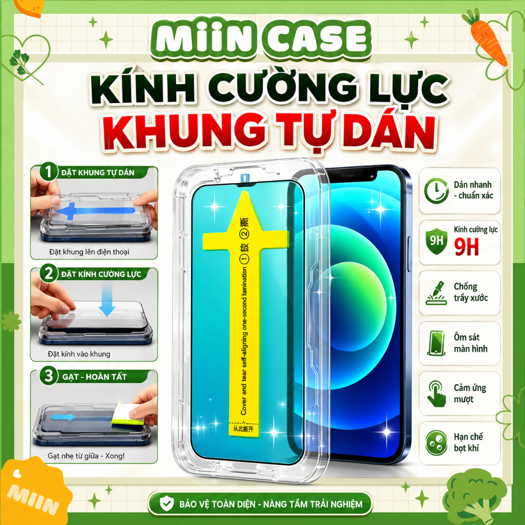 Kính Cường Lực iPhone Khung Tự Dán Cao Cấp, Full Màn - iP 6/6s/7/8/Plus/X/XS/XR/11/12/13/14/15/16/17/Pro/Max Miin