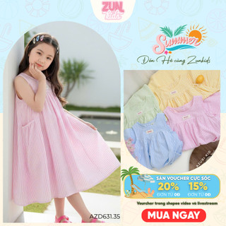 AZB631 Đầm bé gái sọc kẻ pastel dáng xoè cotton mát – Váy hè có túi 2-10 tuổi