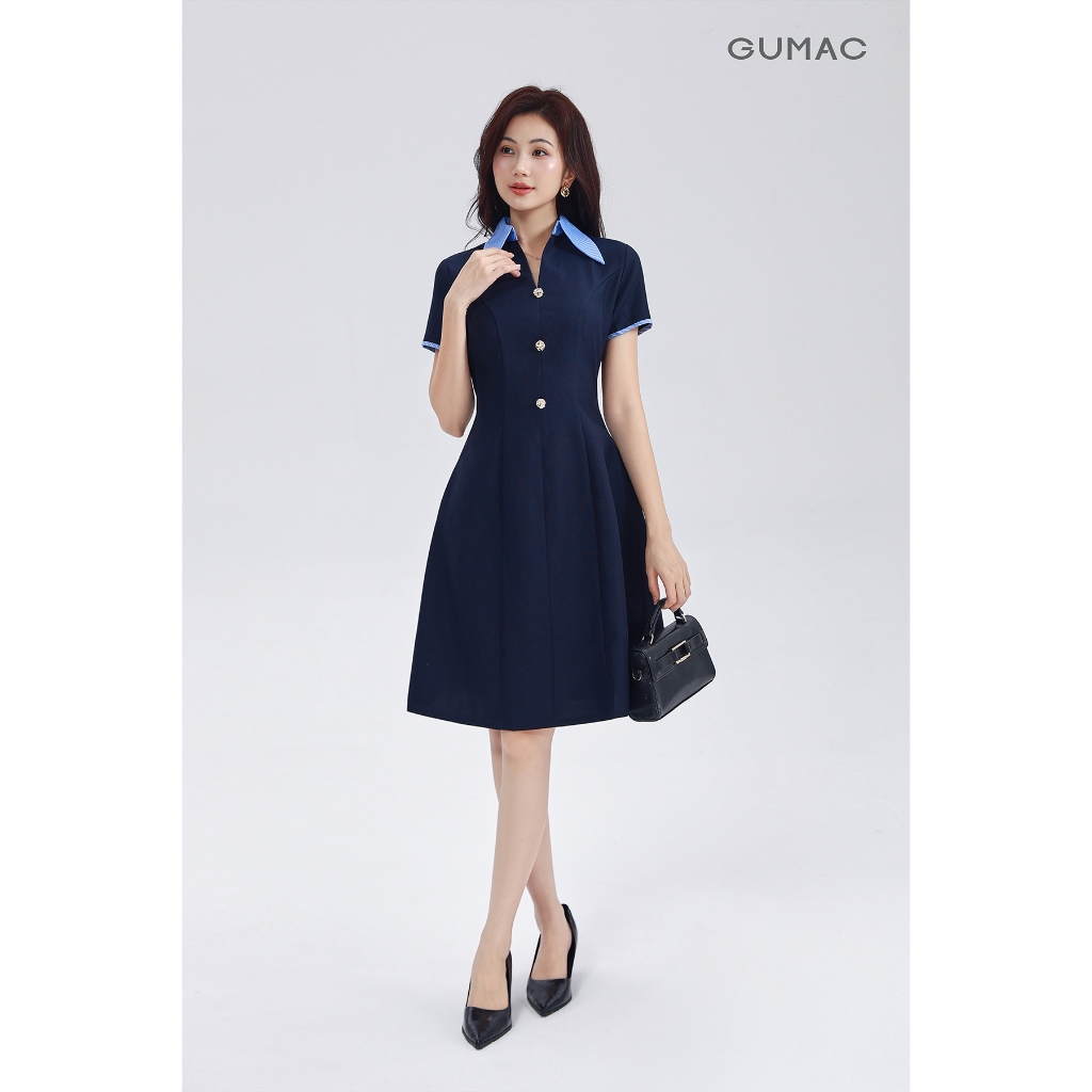 Đầm Dáng A Nữ GUMAC Váy Công Sở Cổ Sơ Mi Phối Sọc Đính Nút Vàng Thanh Lịch DF03005