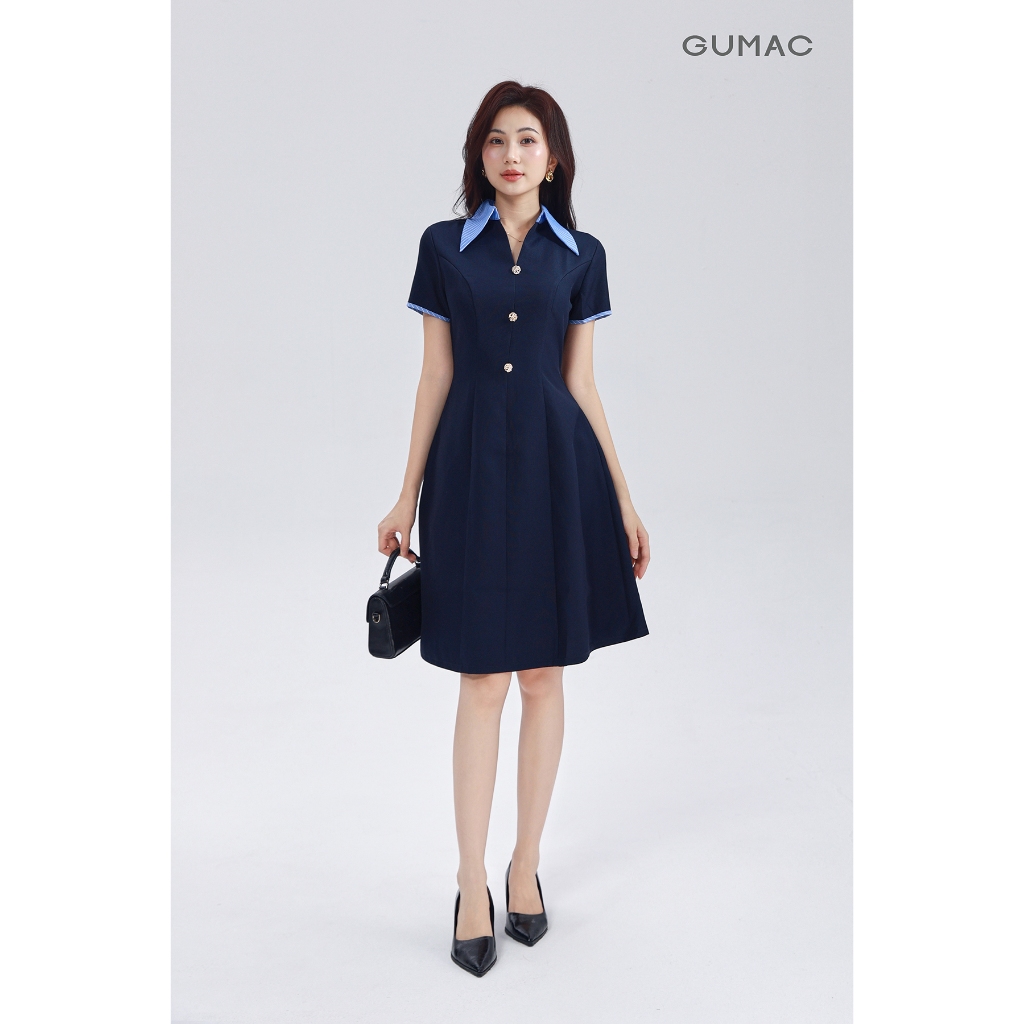 Đầm Dáng A Nữ GUMAC Váy Công Sở Cổ Sơ Mi Phối Sọc Đính Nút Vàng Thanh Lịch DF03005