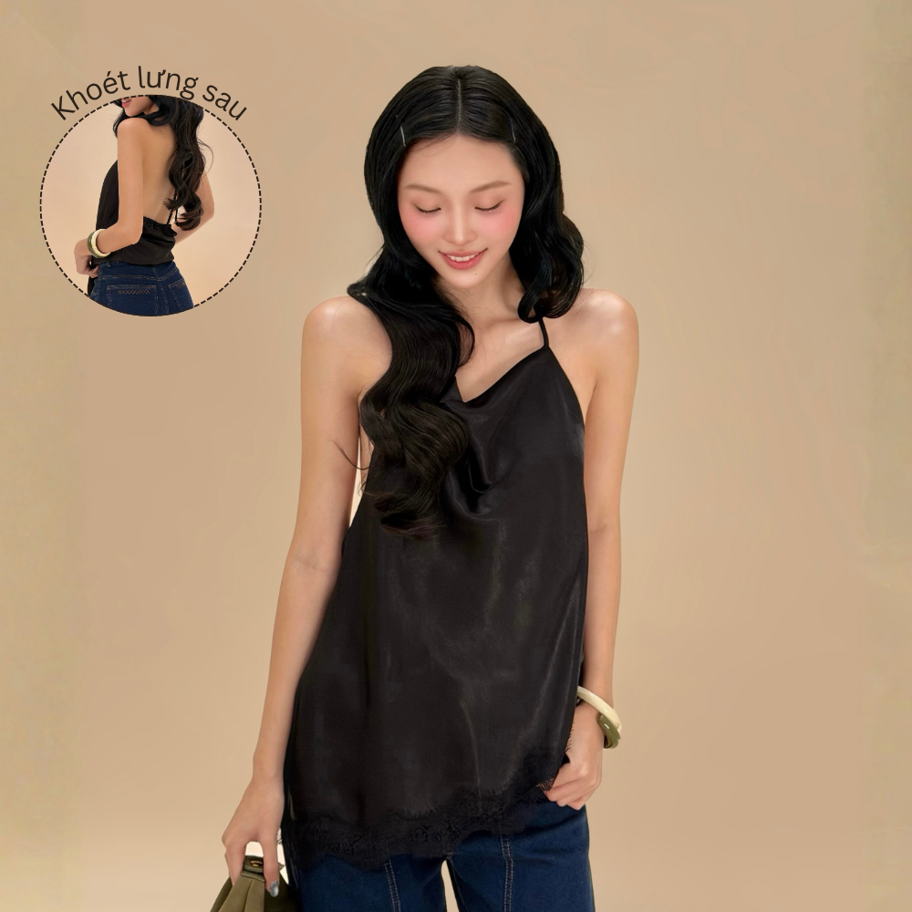 Áo hai dây lụa cổ đổ phối ren Alami Miều Est.2013 lụa satin khoét lưng quyến rũ thời trang nữ