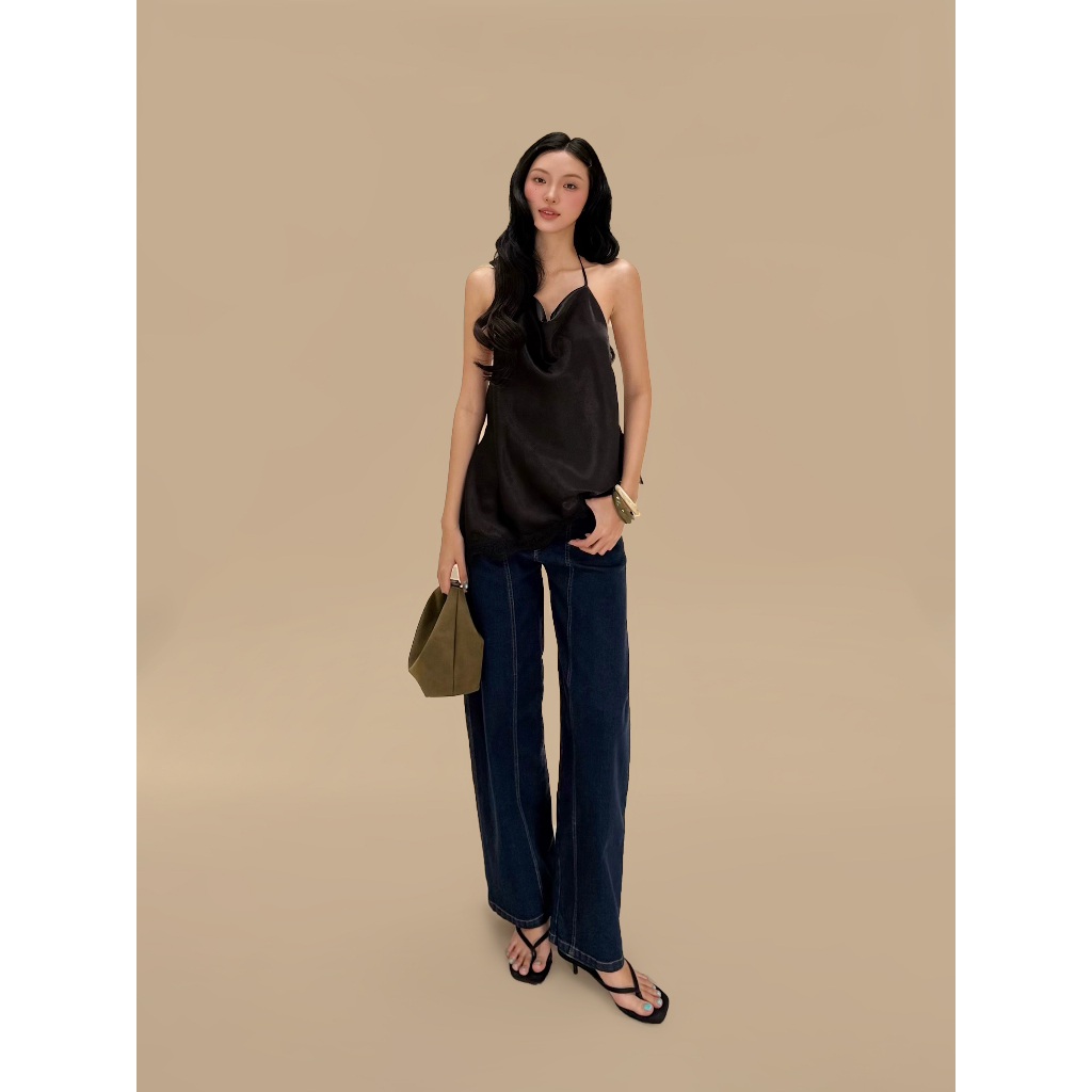 Áo hai dây lụa cổ đổ phối ren Alami Miều Est.2013 lụa satin khoét lưng quyến rũ thời trang nữ