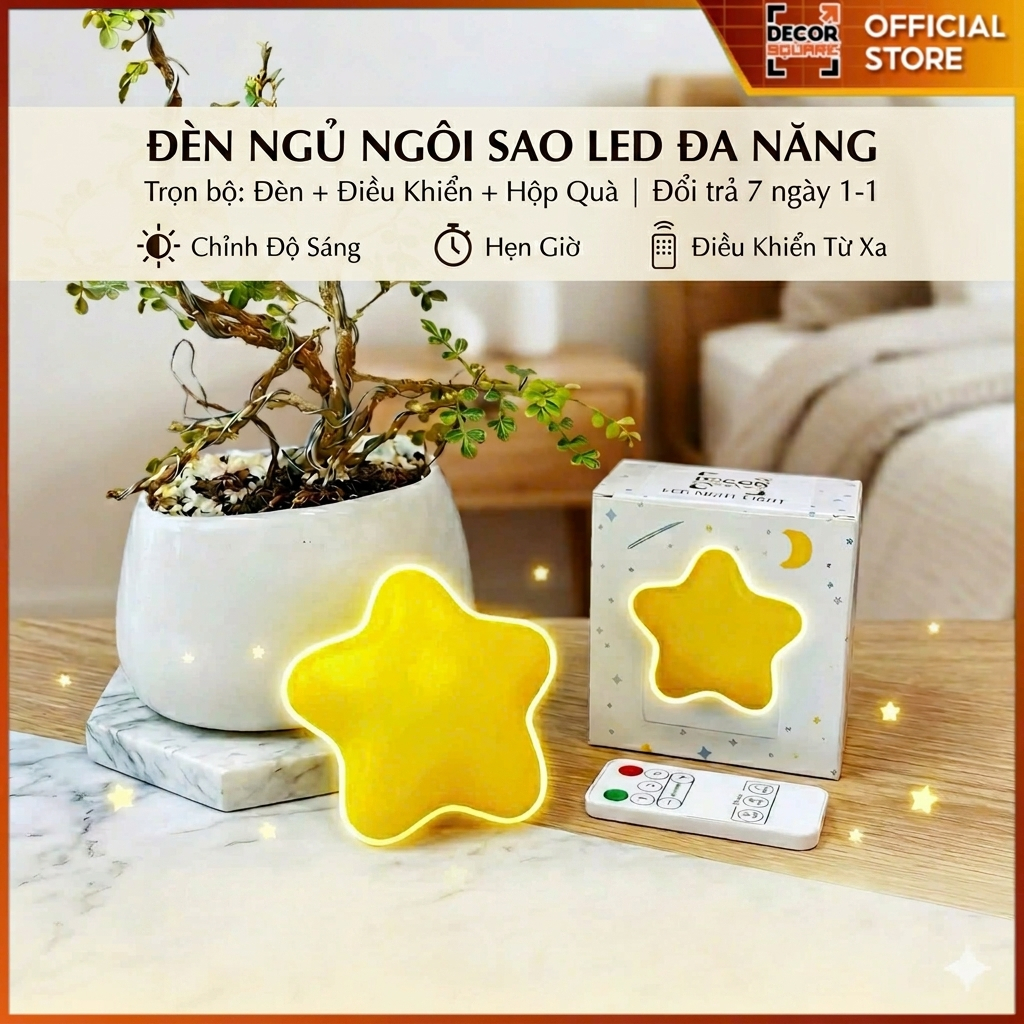 Đèn Ngủ Ngôi Sao LED Đa Năng Decor Square - Kèm Điều Khiển Từ Xa, Hẹn Giờ, Decor phòng ngủ