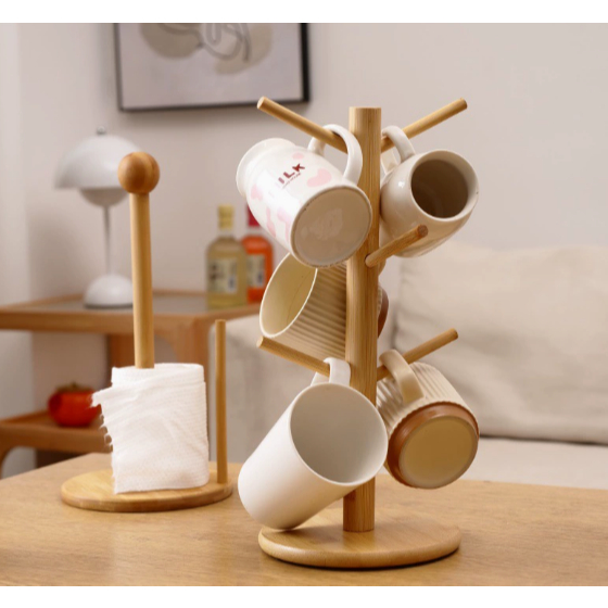 Kệ giá treo ly cốc có 6 móc gỗ thông lắp ghép để bàn ,decor bếp