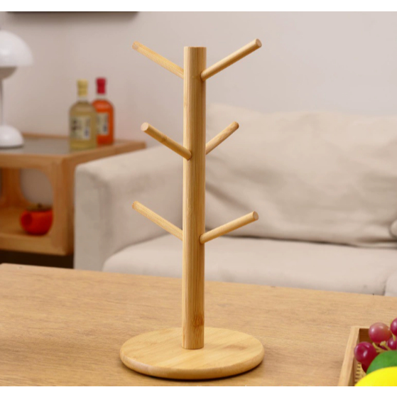 Kệ giá treo ly cốc có 6 móc gỗ thông lắp ghép để bàn ,decor bếp