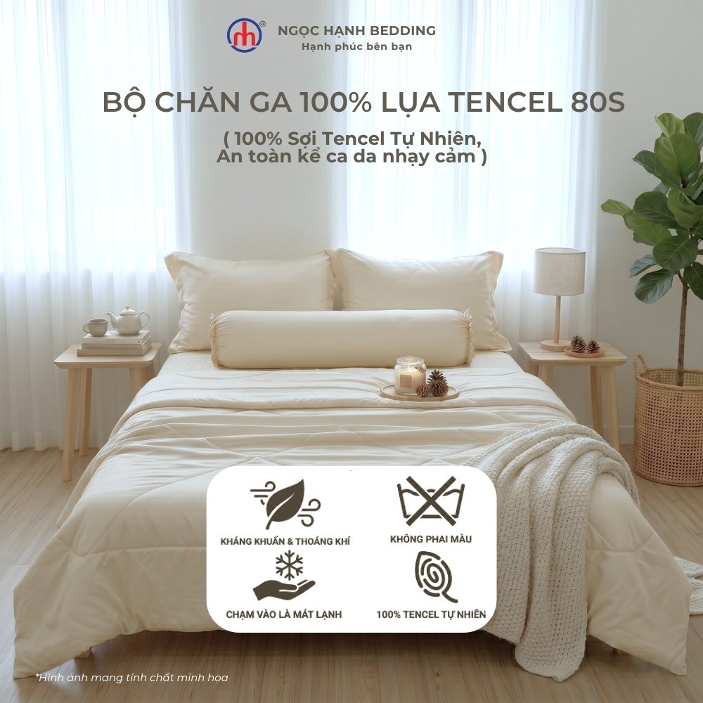 Bộ chăn ga 100% LỤA TENCEL 80s mát lạnh, mềm mịn, thoáng khí, nệm 10cm 15cm 20cm - Ngọc Hạnh Bedding