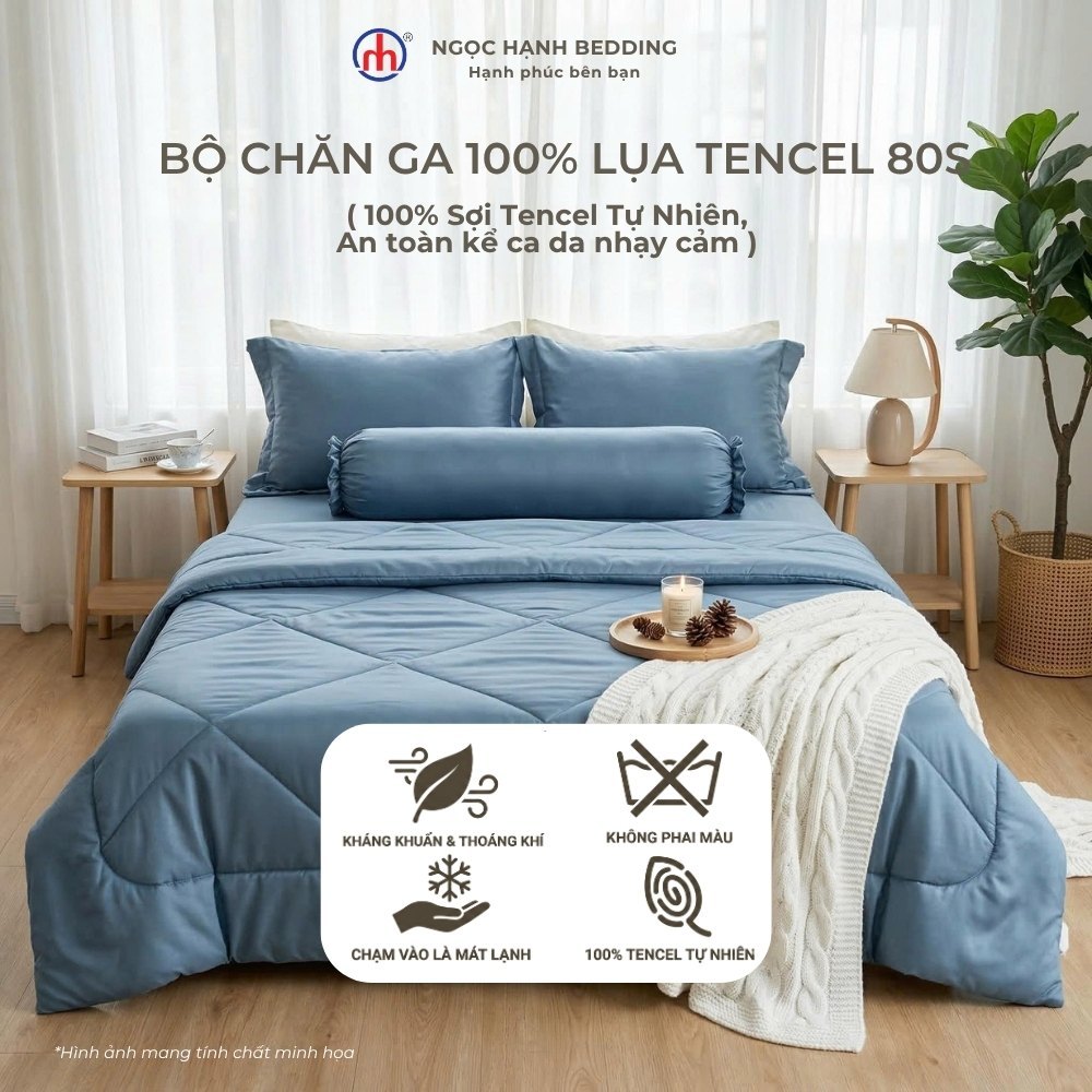 Bộ chăn ga 100% LỤA TENCEL 80s mát lạnh, mềm mịn, thoáng khí, nệm 10cm 15cm 20cm - Ngọc Hạnh Bedding