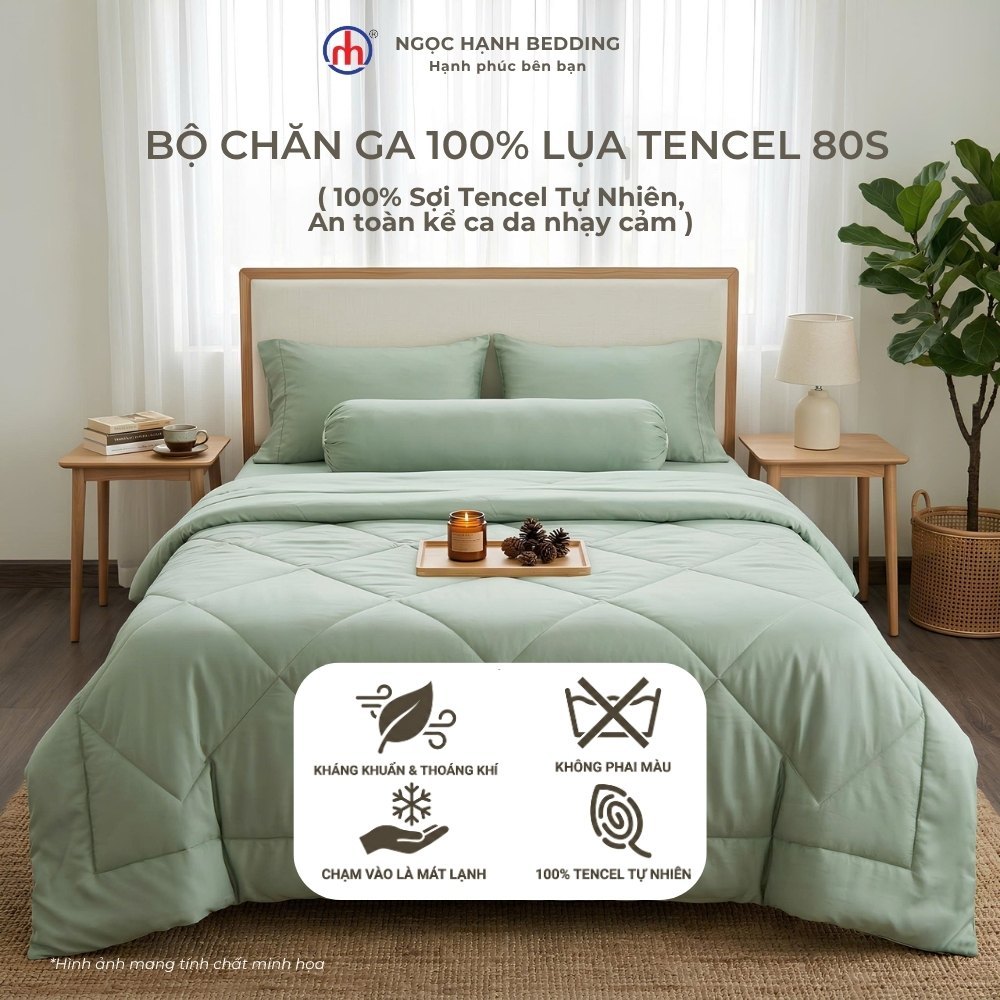 Bộ chăn ga 100% LỤA TENCEL 80s mát lạnh, mềm mịn, thoáng khí, nệm 10cm 15cm 20cm - Ngọc Hạnh Bedding