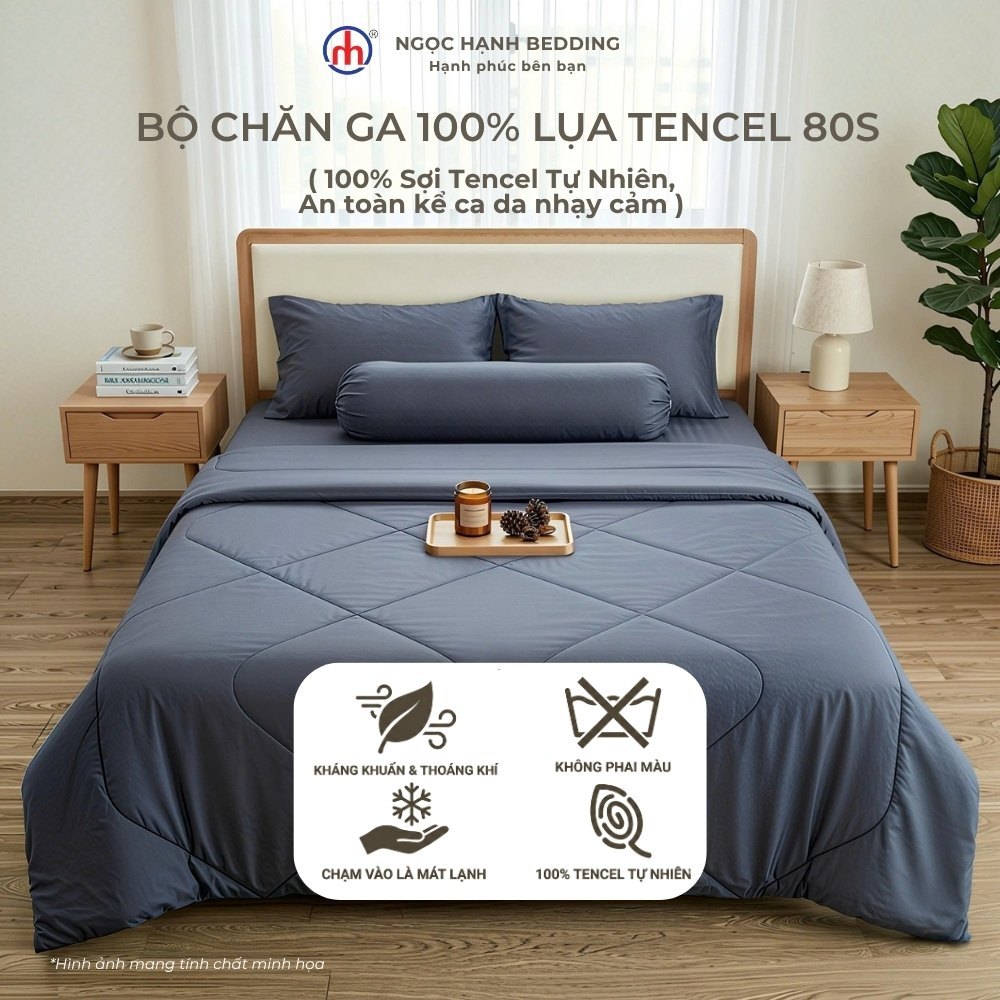 Bộ chăn ga 100% LỤA TENCEL 80s mát lạnh, mềm mịn, thoáng khí, nệm 10cm 15cm 20cm - Ngọc Hạnh Bedding