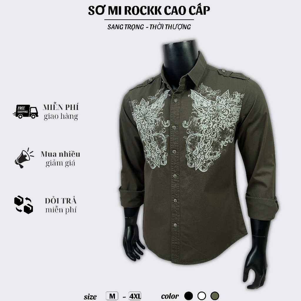 Sơ Mi Rock Classic Nam Cao Cấp Thêu Họa Tiết Thập Giá - Vải Kaki Tôn Dáng, Cúc Kim Loại Đẳng Cấp 067