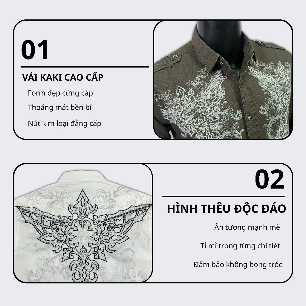 Sơ Mi Rock Classic Nam Cao Cấp Thêu Họa Tiết Thập Giá - Vải Kaki Tôn Dáng, Cúc Kim Loại Đẳng Cấp 067