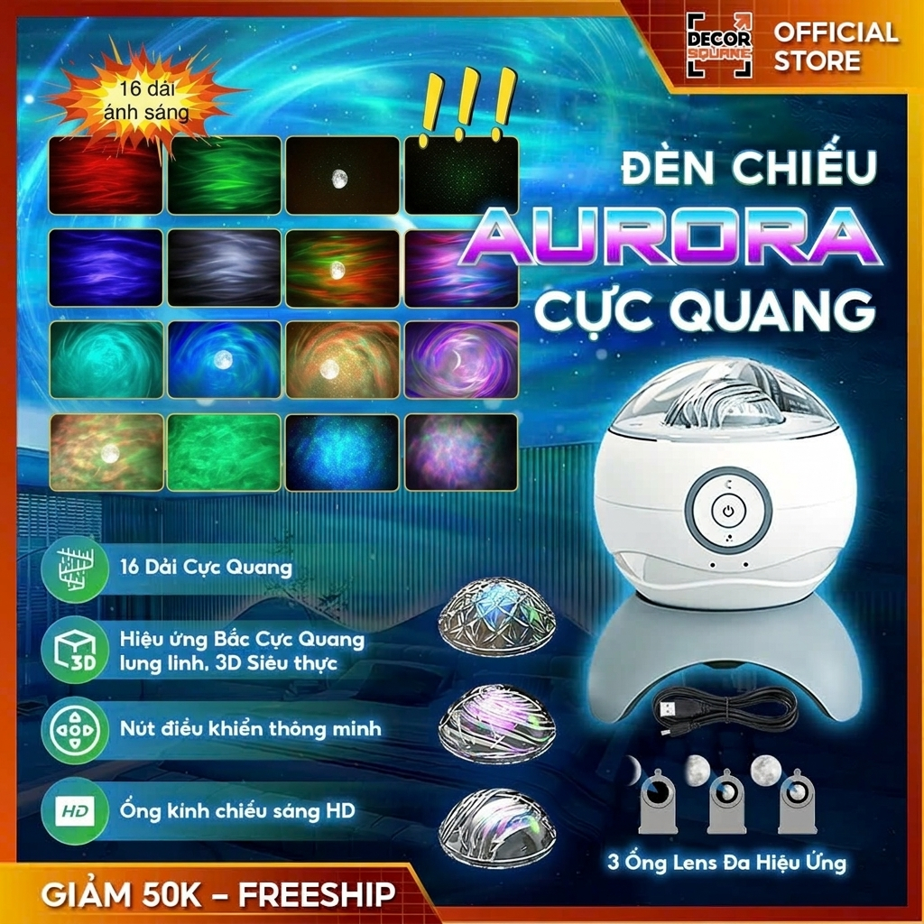 [Bản Chính Hãng] Đèn Máy Chiếu Cực Quang Galaxy 16 Màu, 3D siêu thực , decor phòng ngủ quà tặng