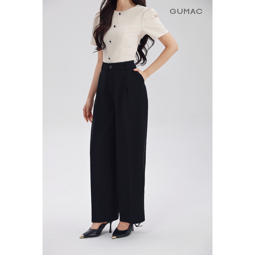 Quần Ống Rộng Nữ 98cm GUMAC Quần Tây Công Sở Lưng Cao Chiết Ly Vải Chéo Thái Cạp Cao Tôn Dáng LQF0906