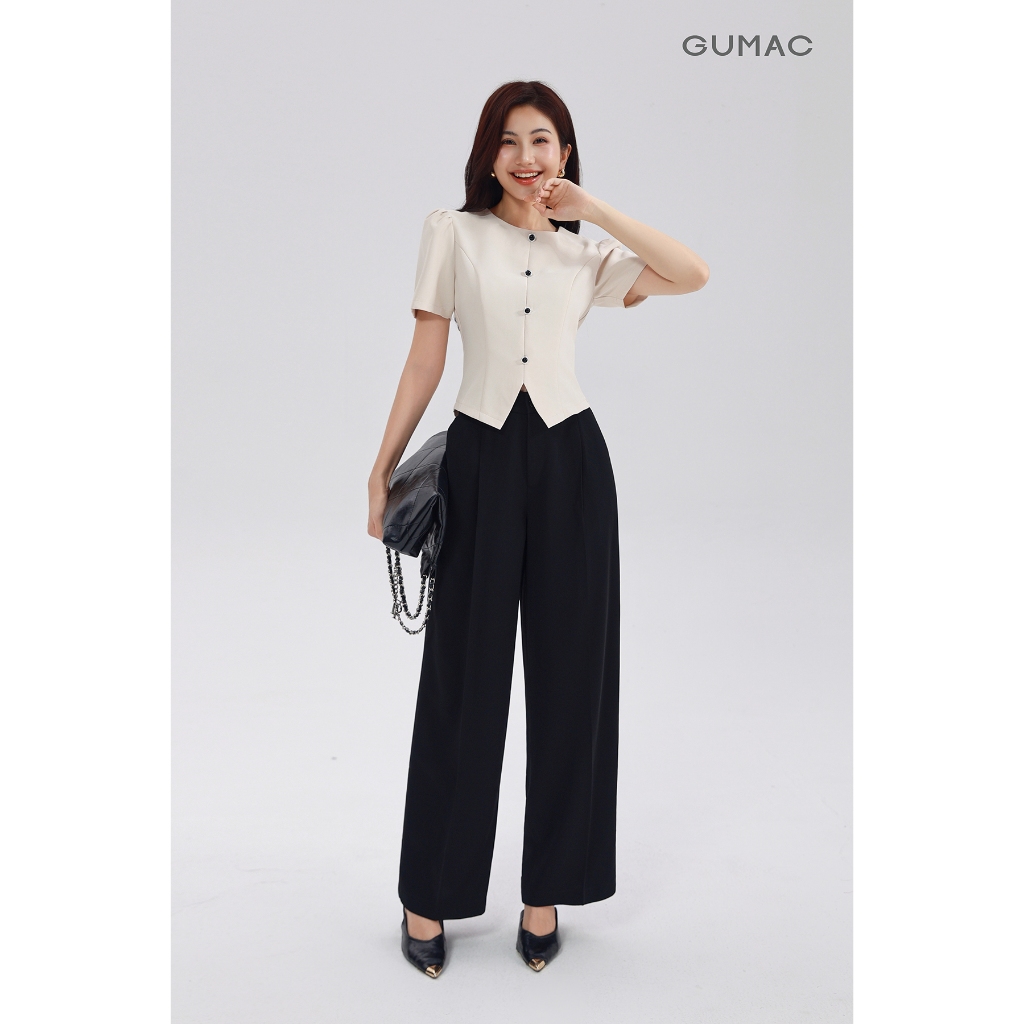 Quần Ống Rộng Nữ 98cm GUMAC Quần Tây Công Sở Lưng Cao Chiết Ly Vải Chéo Thái Cạp Cao Tôn Dáng LQF0906