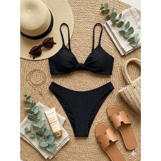 Bikini 2 mảnh, bộ bơi màu đen sang trọng, quyến rũ dáng áo tam giác xoắn ngực hàng xuất dư cao cấp