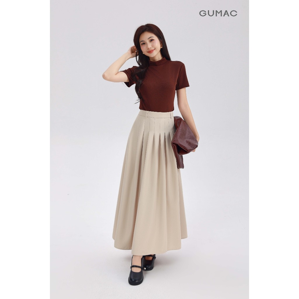 Chân Váy Dài GUMAC Dáng A Xòe Phối Xếp Ly Lưng Rời Có Đỉa Túi Dọc Sườn VF12007