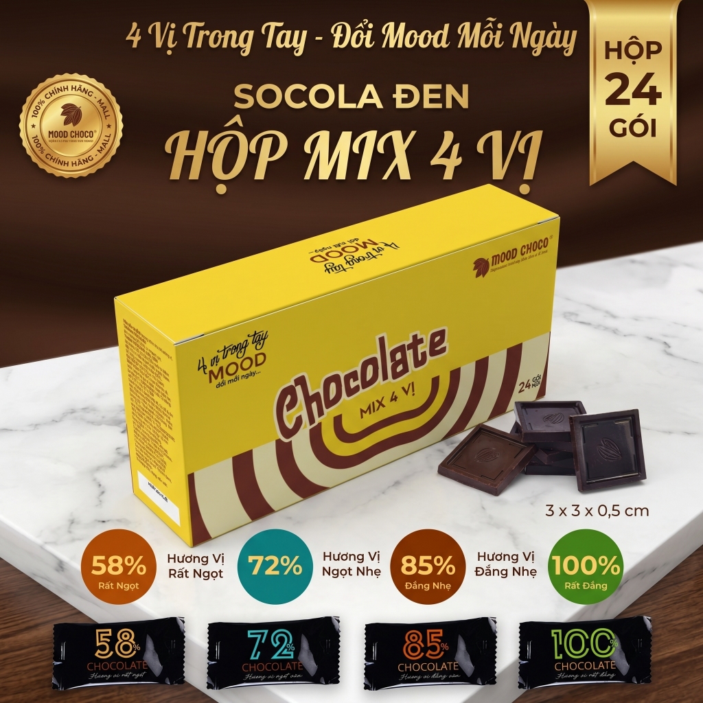 Hộp Socola Đen Mix 4 Vị MOOD CHOCO Trải Nghiệm Đa Tầng Cacao Đậm Đà Thơm Mịn Thích Hợp Làm Quà Tặng