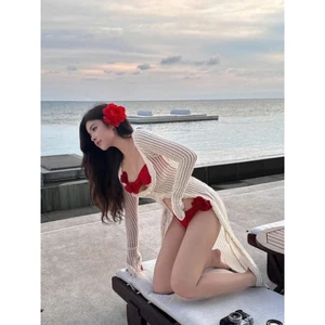 BIKINI QUẢNG CHÂU CAO CẤP - SET BIKINI 3 MÓN ĐỎ RƯỢU MIX ÁO CHOÀNG QUYẾN RŨ, SANG CHẢNH