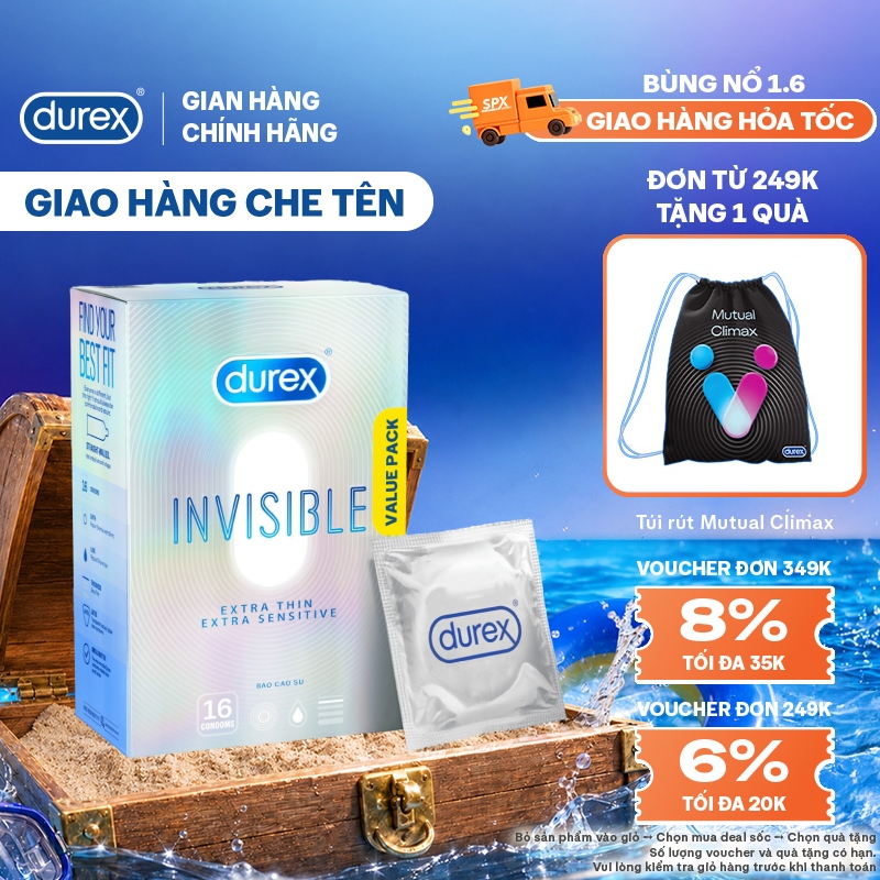 Bao Cao Su Durex Invisible Siêu Mỏng, Size 52 mm, Hộp 16 Bao Mới Ra Mắt - Hộp Lớn Siêu Tiết Kiệm