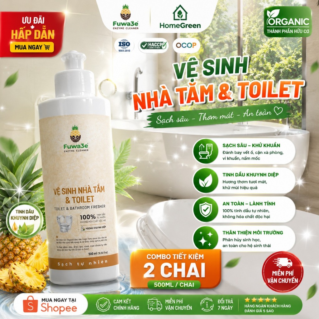 Combo 2 Chai Vệ Sinh Nhà Tắm & Toilet Fuwa3e 500ml Hương Khuynh Diệp | Làm Sạch Tự Nhiên, Khử Mùi