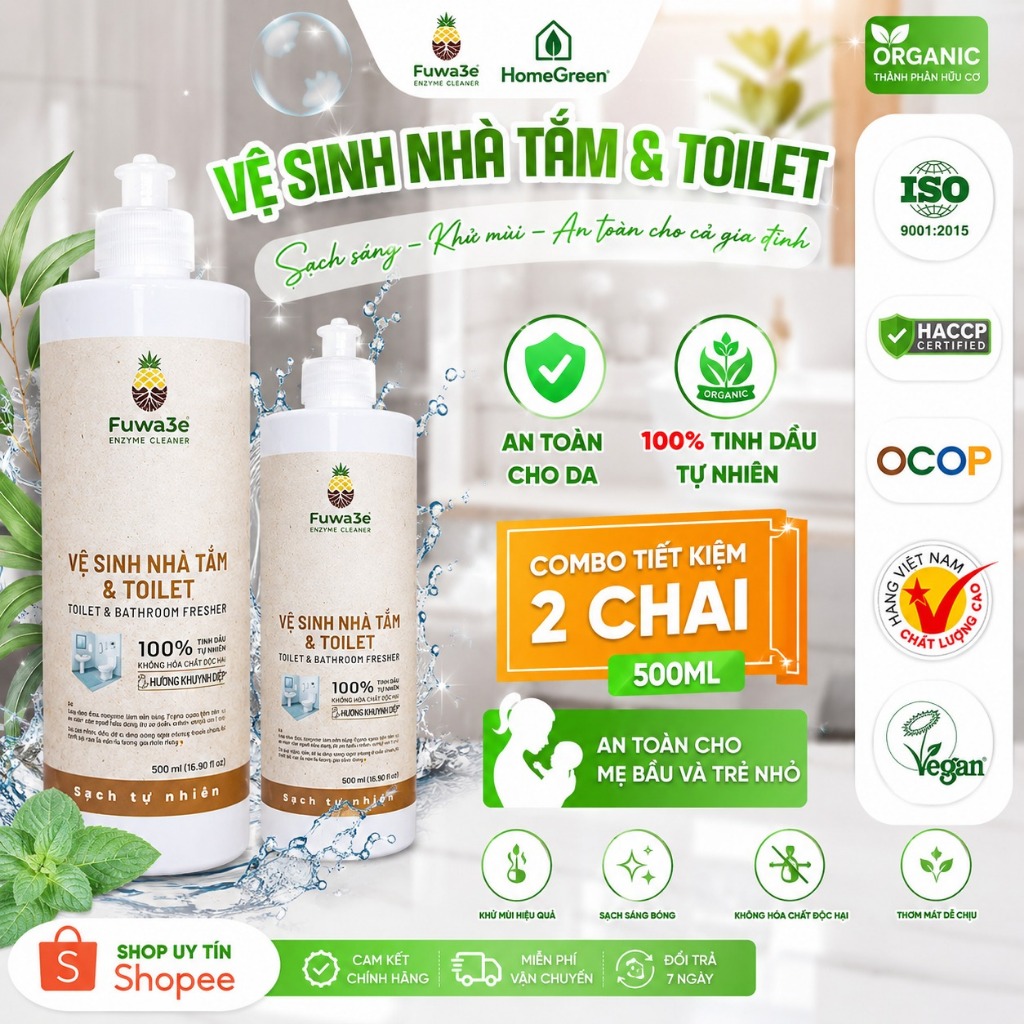 Combo 2 Chai Vệ Sinh Nhà Tắm & Toilet Fuwa3e 500ml Hương Khuynh Diệp | Làm Sạch Tự Nhiên, Khử Mùi