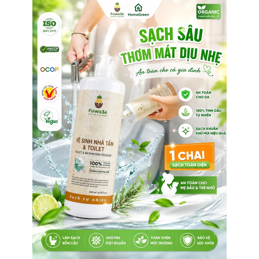 Combo 2 Chai Vệ Sinh Nhà Tắm & Toilet Fuwa3e 500ml Hương Khuynh Diệp | Làm Sạch Tự Nhiên, Khử Mùi