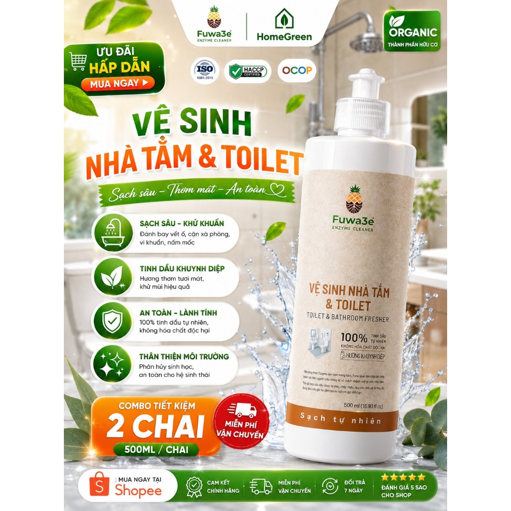Combo 2 Chai Vệ Sinh Nhà Tắm & Toilet Fuwa3e 500ml Hương Khuynh Diệp | Làm Sạch Tự Nhiên, Khử Mùi