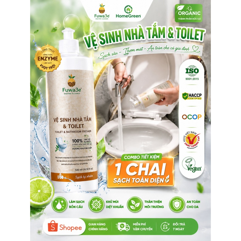 Combo 2 Chai Vệ Sinh Nhà Tắm & Toilet Fuwa3e 500ml Hương Khuynh Diệp | Làm Sạch Tự Nhiên, Khử Mùi