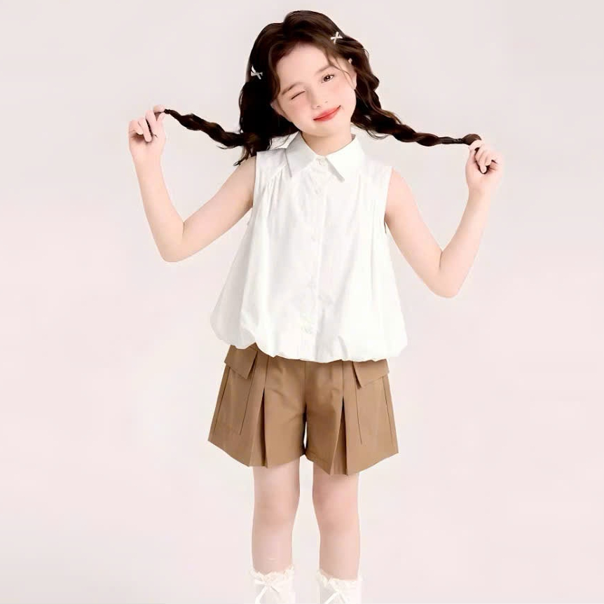 Áo Bí Sơ Mi Bé Gái Form Suông Dễ Thương Cổ Sen Xinh Xắn Áo Kiểu Bé Gái