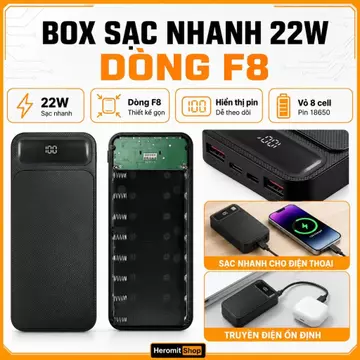 Box sạc dự phòng nhanh , box sạc 8 cell 18650 sạc nhanh 22W dòng F8