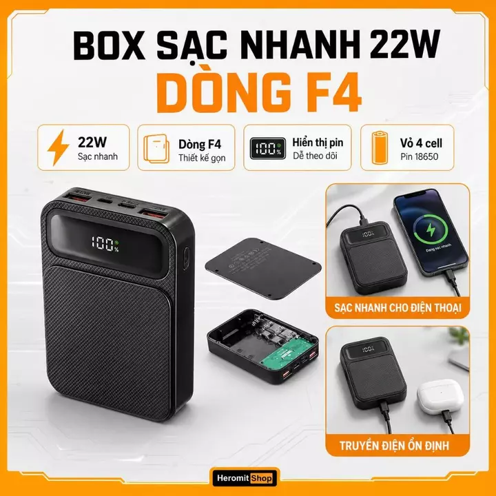 Box Sạc Dự Phòng 18650 4 Cell Sạc Nhanh 22W, Vỏ Sạc Pin Dự Phòng F4