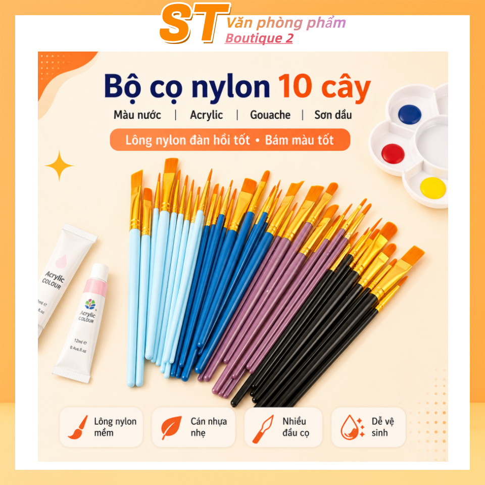 Bộ 10 cọ vẽ nylon cán ngắn chuyên dụng cho màu nước, màu bt, màu dầu, acrylic, dành cho học sinh mỹ thuật
