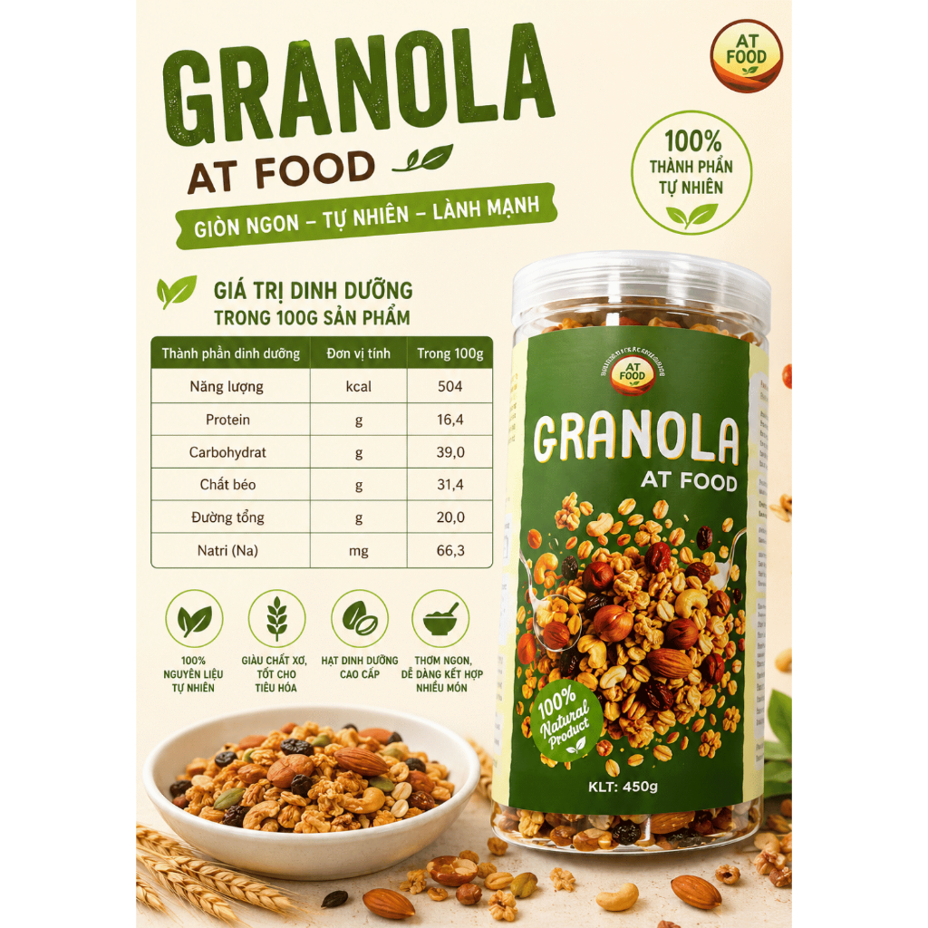 Granola Siêu Hạt Thương Hiệu AT FOOD trọng lượng 450gram
